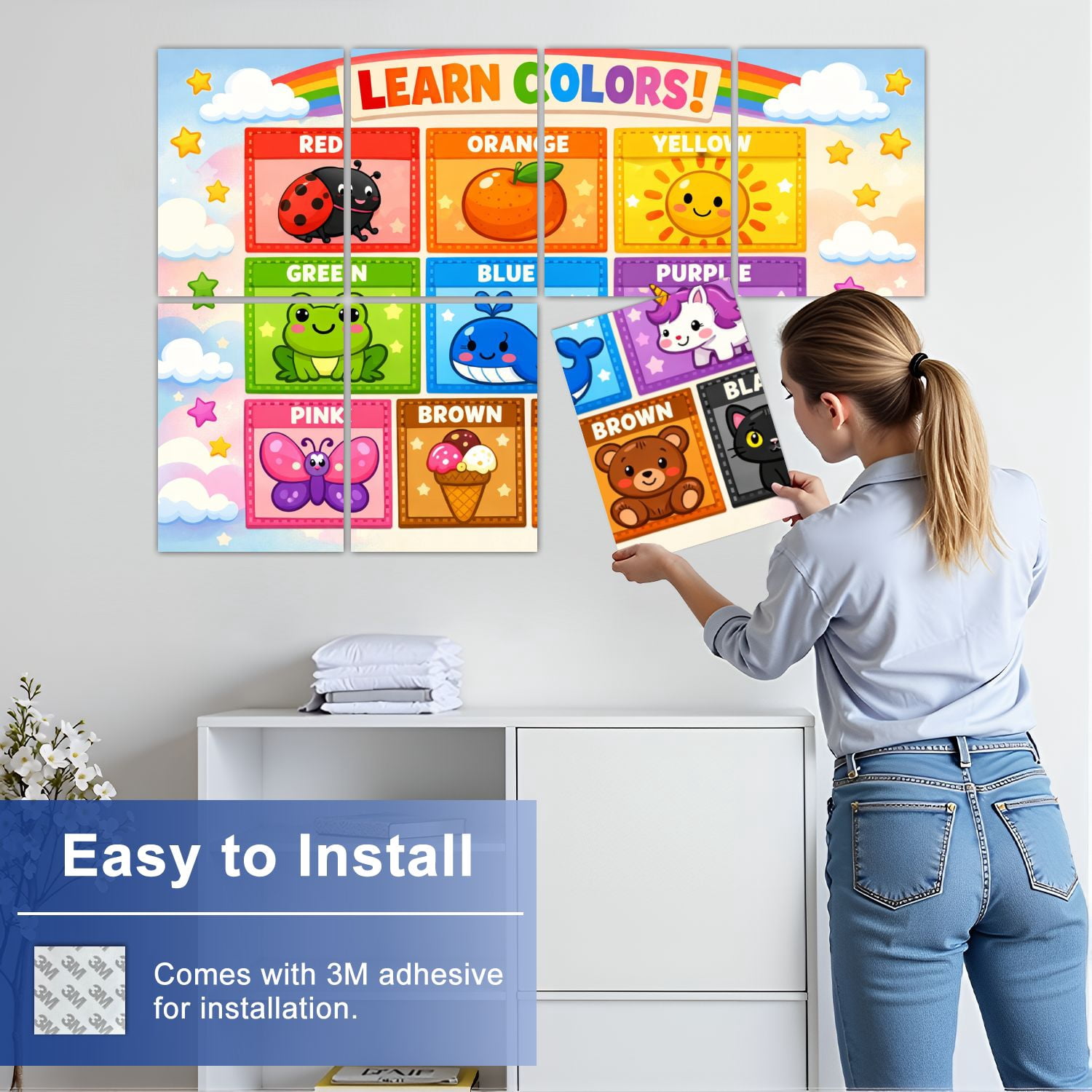 Classroom 8 Pack Art Acoustic Panels Sound Absorbing Learn Colors Cute Cartoon Characters Bright Colors Decorative Soundproof Wall Panels Self Adhesive for Nursery Kids Game Room 48"x32"