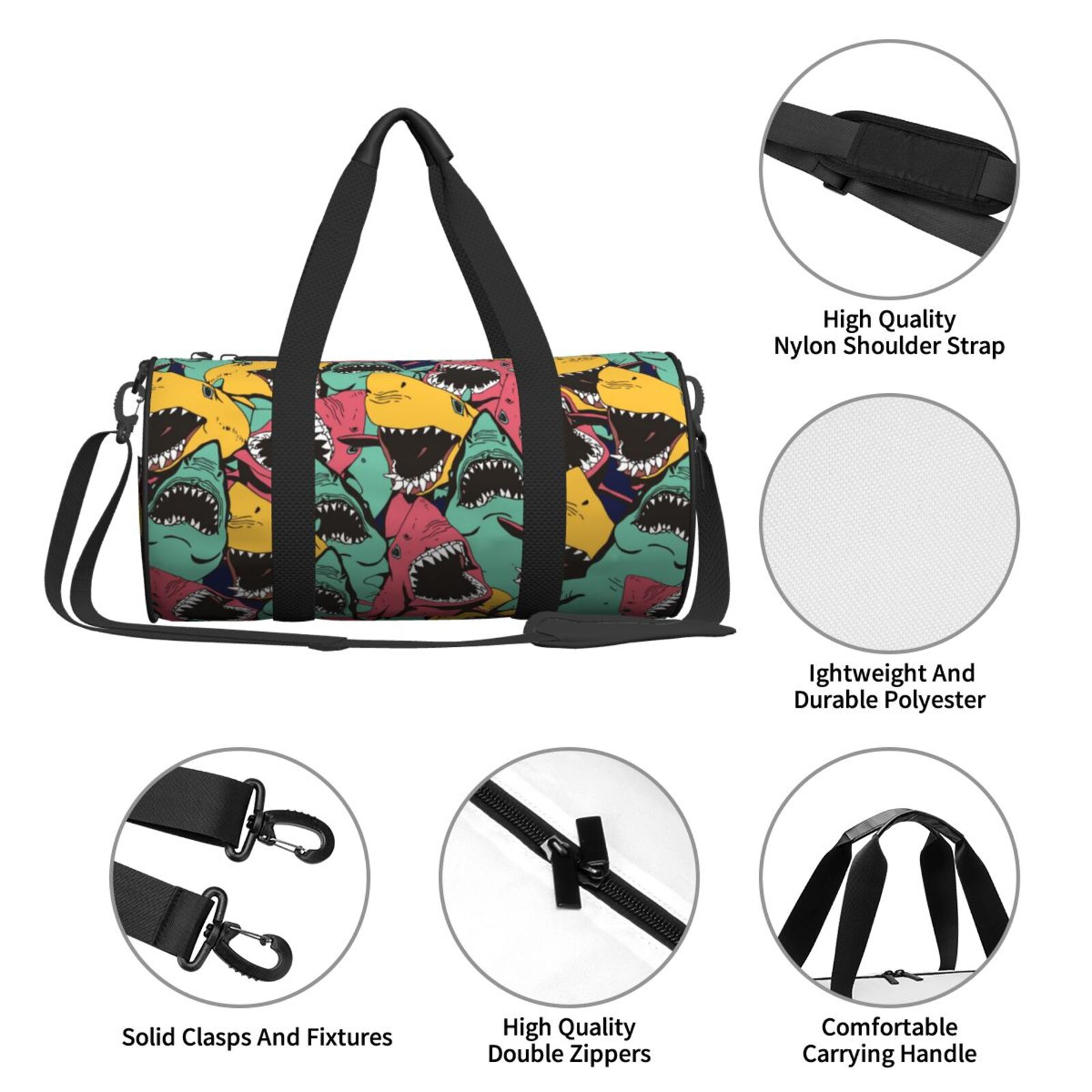 Vsdgher Angry Shark Pattern 45L Foldable Duffel Bag, Sports Gym Bag,Overnight Bag, Portable Weekender Bag for Airplanes