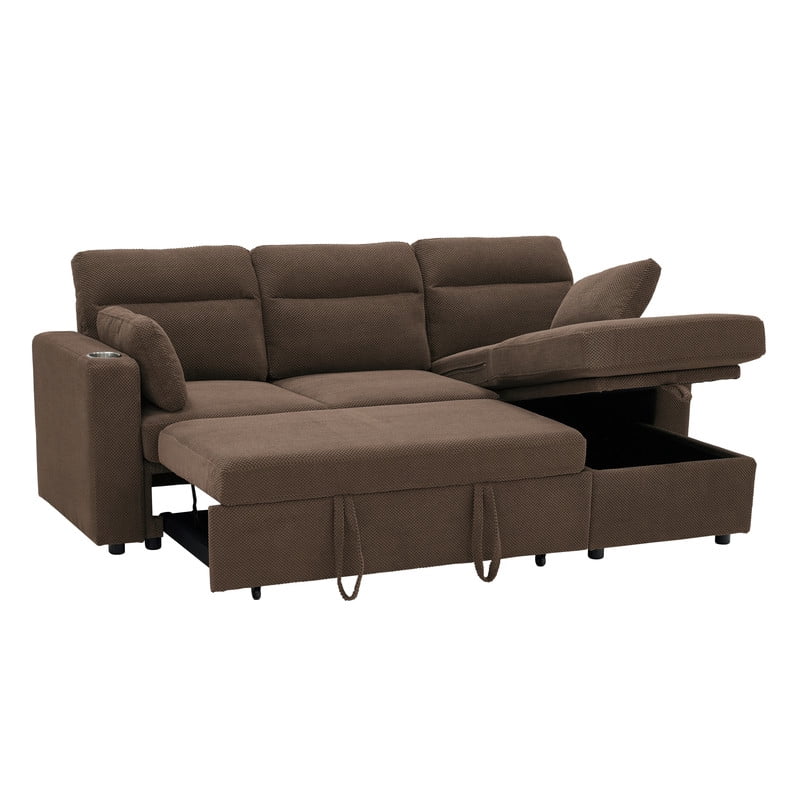 82.5" L-Shaped Convertible Sleeper Sofa, Pull-Out Sectional Sofa Bed with Storage Chaise, Cup Holders & 2 Lumbar Pillows, Modern Sofa Couch for Living Room, Apartment