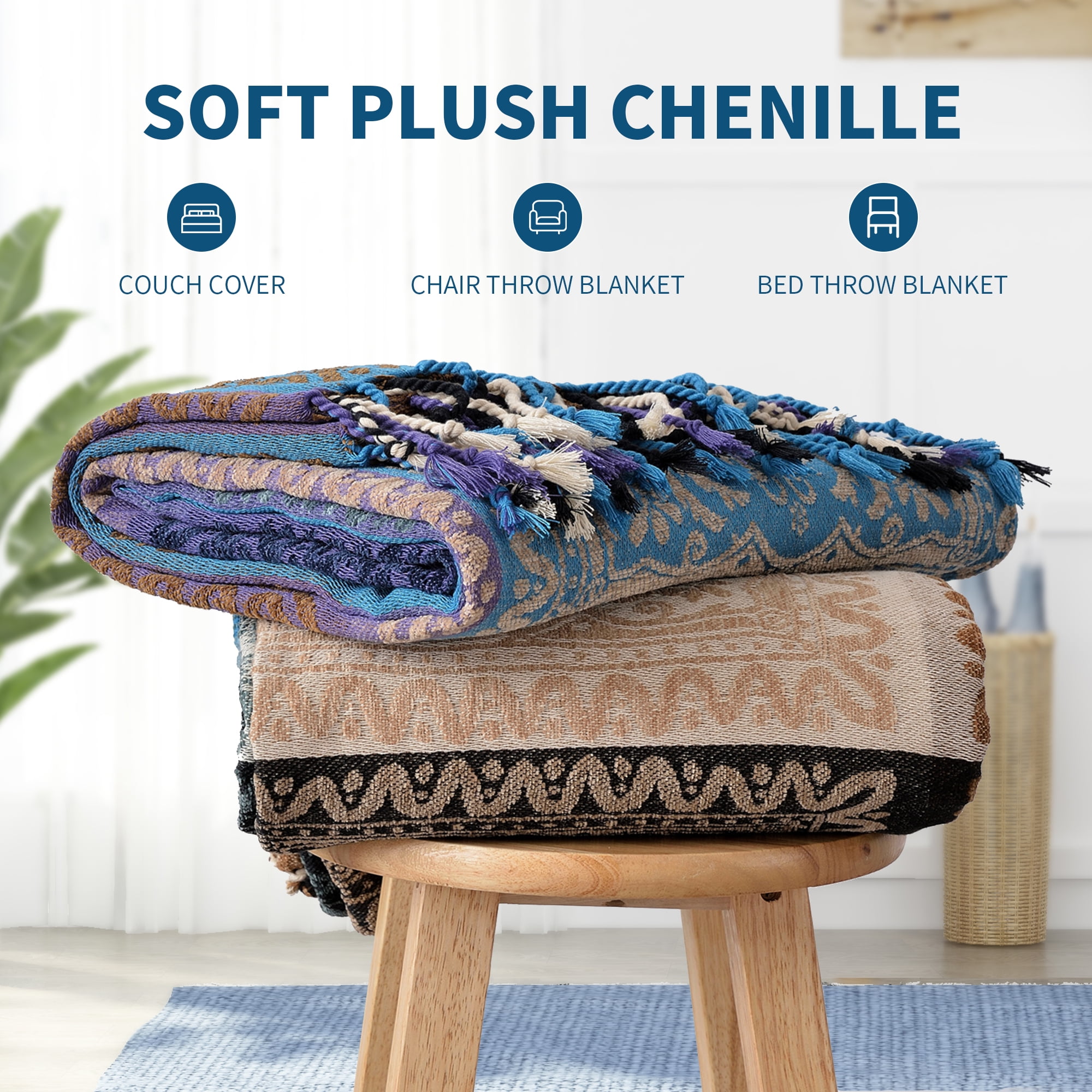 Bohemian Throw Blanket for Couch，Colorful Chenille Tassels Boho Woven Hippie Throw Blankets for Couch Bed Sofa Chair Recliner Loveseat , Bohemian Fringe Tassels Decor Home(Purple, S:60x75)