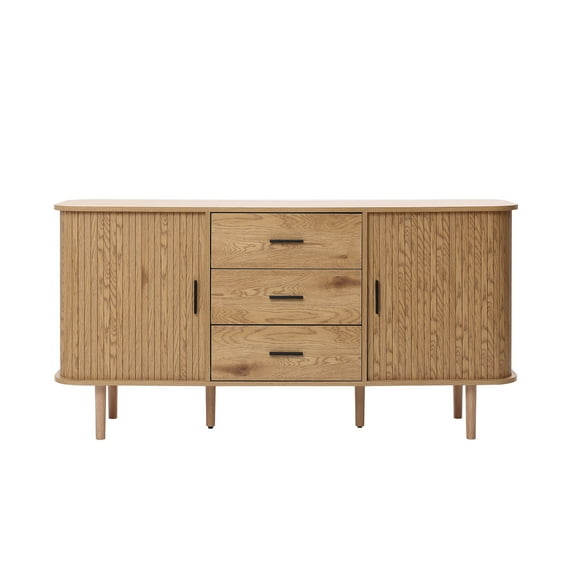 LuxenHome Oak Finish MDF Wood 3-Drawer Sideboard Cabinet with Sliding Doors & Rounded Corners