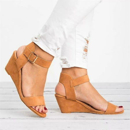 

Floenr Womens Sandals Flip Flops for Women Women s Ladies Fashion Solid Wedges Heel Buckle Strap Roman Shoes Sandals