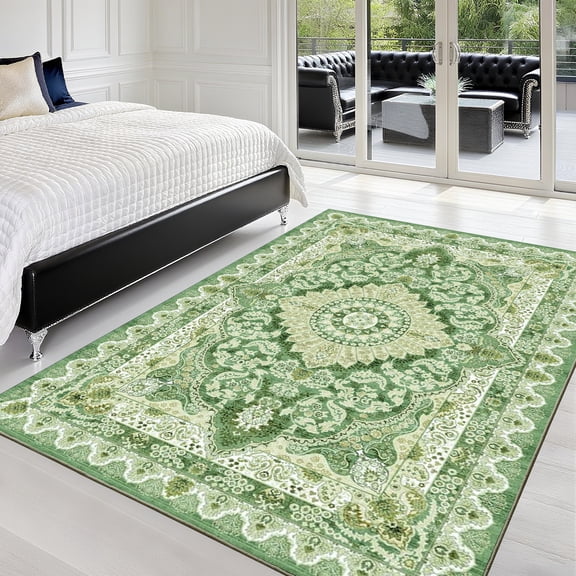 MUSICWAKER Contemporary Flat Weave Green Vintage Rug Area Rug, 4' x 6
6', Non-Slip Backing