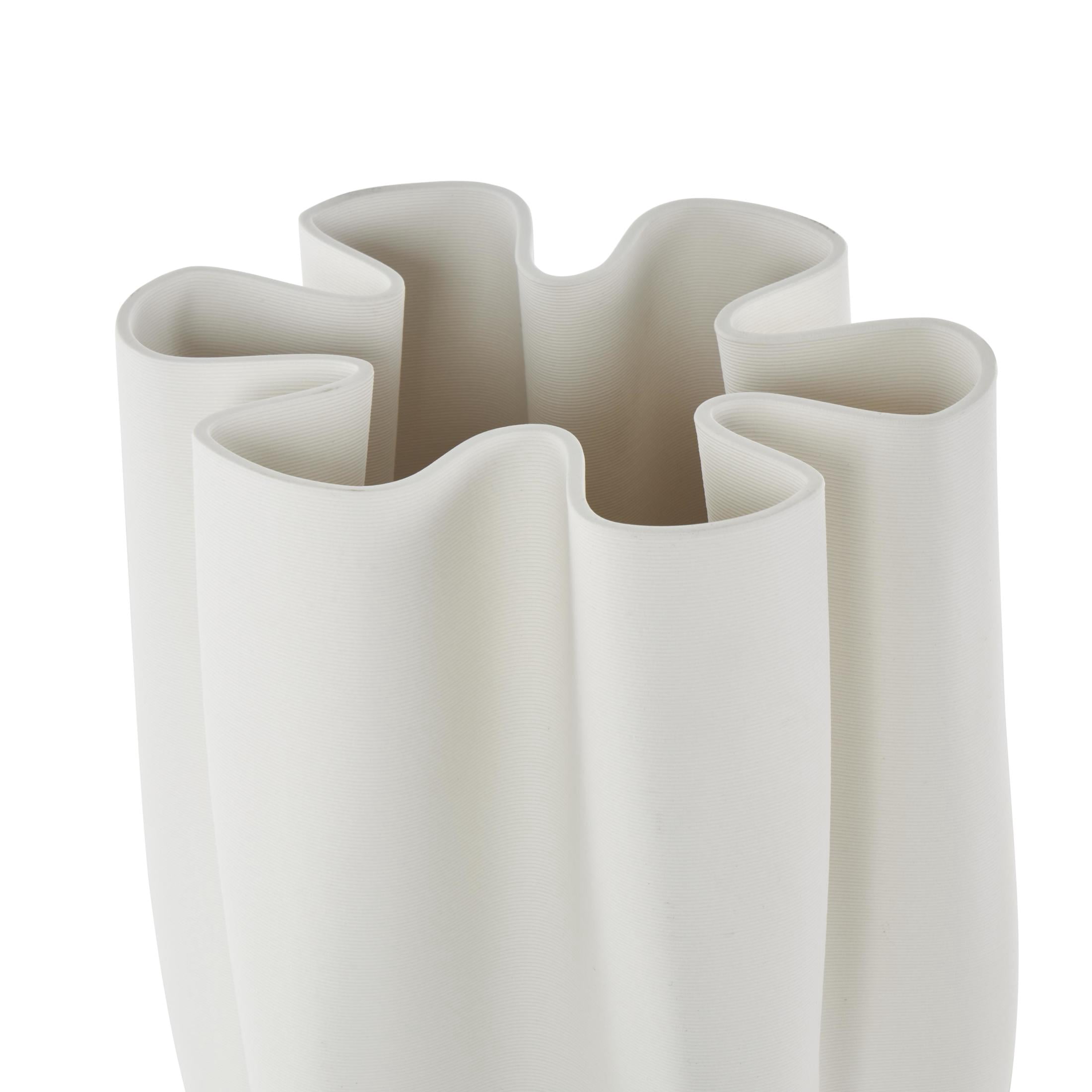 DecMode 13" Abstract Ribbed Dimensional Folded White Ceramic Vase with Floral Shaped Rim