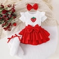 thumbnail image 2 of Kaprioy Baby Girl Outfit Girls Clothes Short Sleeved Fruit Printed Ruffle Sleeve Knitted Romper Bodysuit Short Solid Skirt Pants Suit Bow Headband Stockings Set, 2 of 7