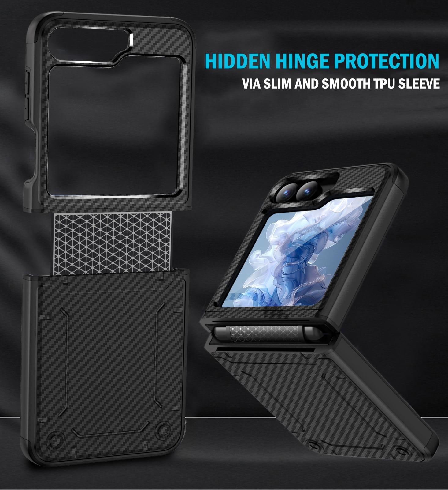 Rizz Case and Belt Clip Combo for Samsung Galaxy Z Flip 6 Phone, Nakedcellphone Rugged Hybrid Cover [with Hidden Hinge Panel Protection] and Holster Holder for Z Flip6  - Black Carbon Fiber Design