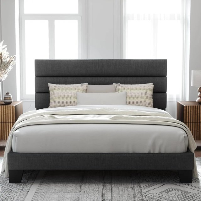 Platform Bed Frame with Fabric Upholstered Headboard and Wooden Slats Support, Fully Upholstered Mattress Foundation My Lux Decor Round