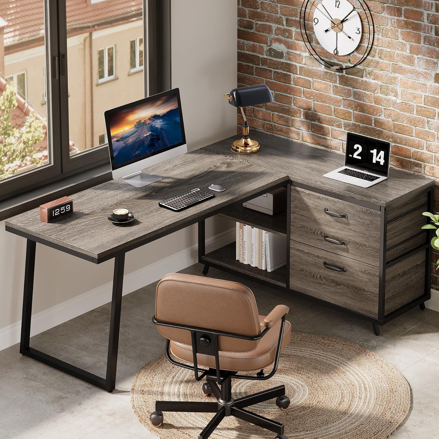 Tribesigns 53" L Shaped Office Desk, Reversible Corner Computer Desk with 3 File Drawers and 2 Storage Shelves for Home Office, Study, Gaming Room (Gray)