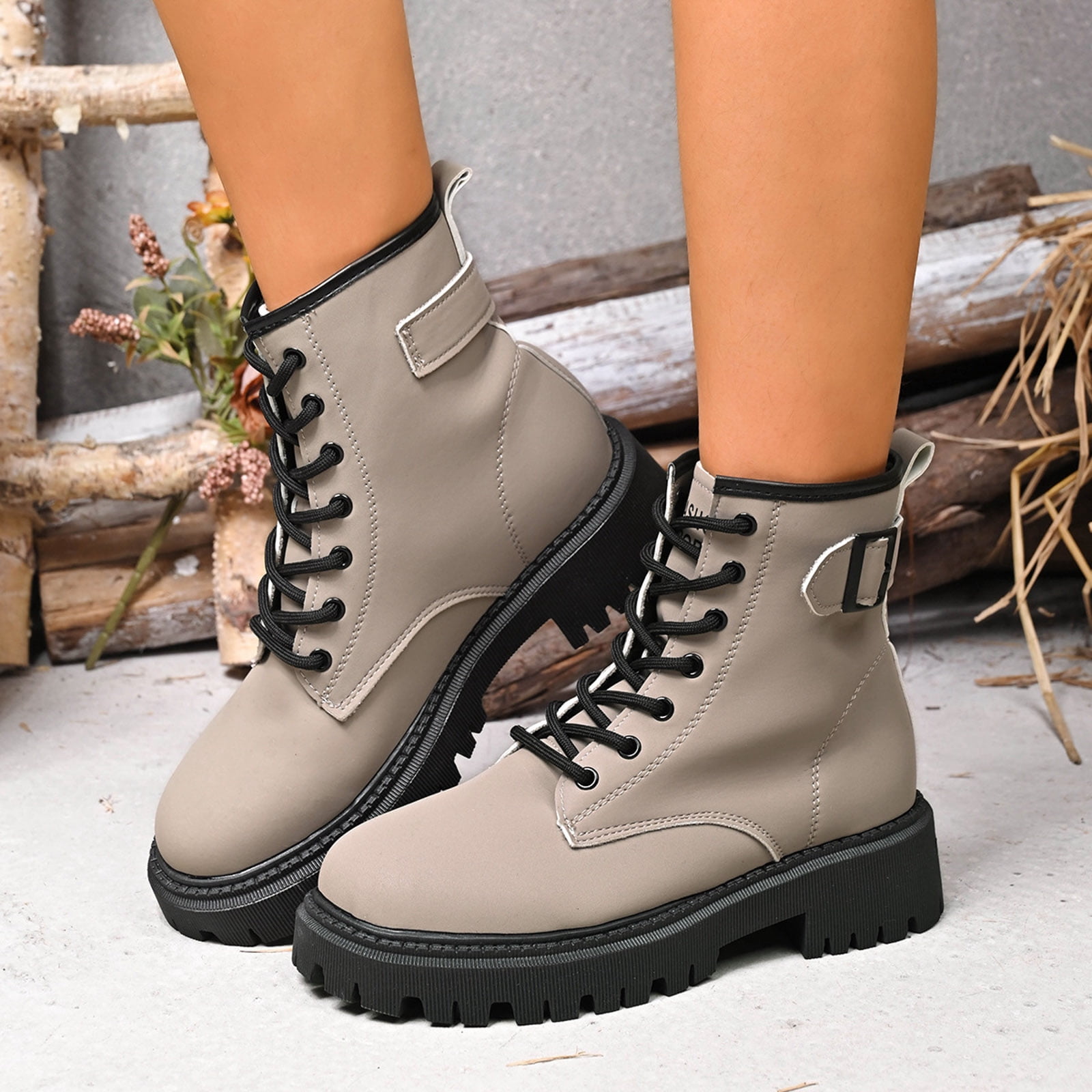 Bottes En Cuir Femme – Bottines Lacets Style Militaire – Talon Antidérapant – Automne Hiver - 9