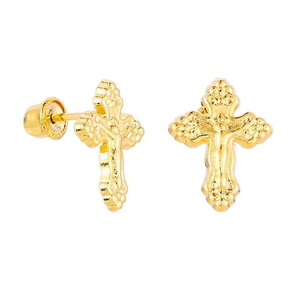 14k REAL Yellow Gold Cross Stud Earring with Screw Back