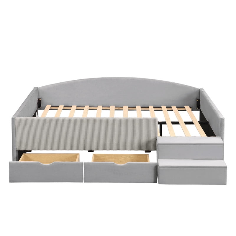 Full Size Kids Daybed Frame with Small Stair & 2 Storage Drawers, Velvet+Corduroy Dual Upholstered Accent Platform Bed