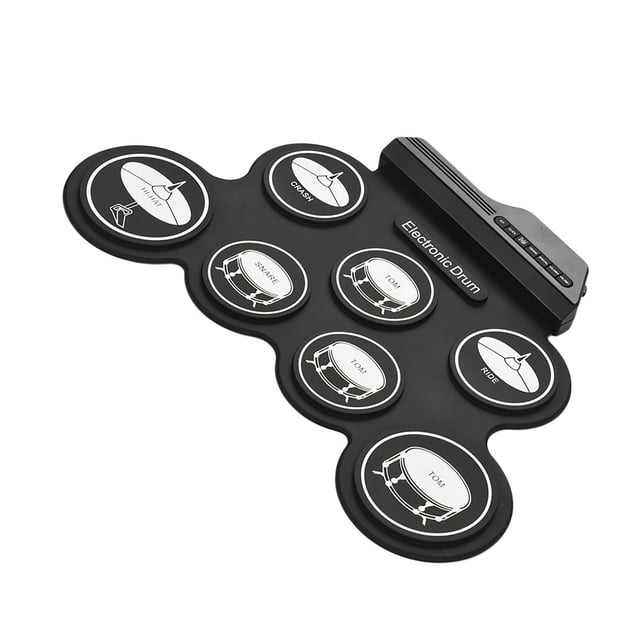 Tambor electrónico Juego de batería de silicona enrollable USB de tamaño compacto Kit de batería electrónica digital 7 Almohadillas para batería con palillos Pedales para principiantes Niños Tomshoo Tambor electrónico