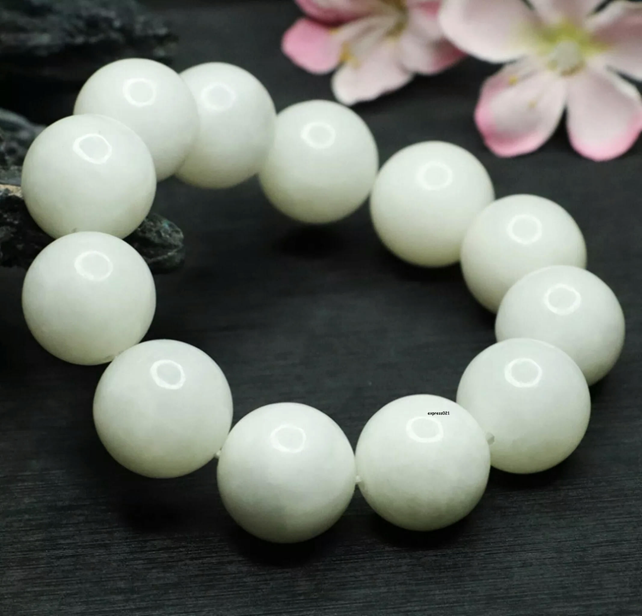 HOOUN Natural Jade Nephrite Lucky Gift Men Women 18mm Glossy Round&nbsp;Beaded Bracelet
