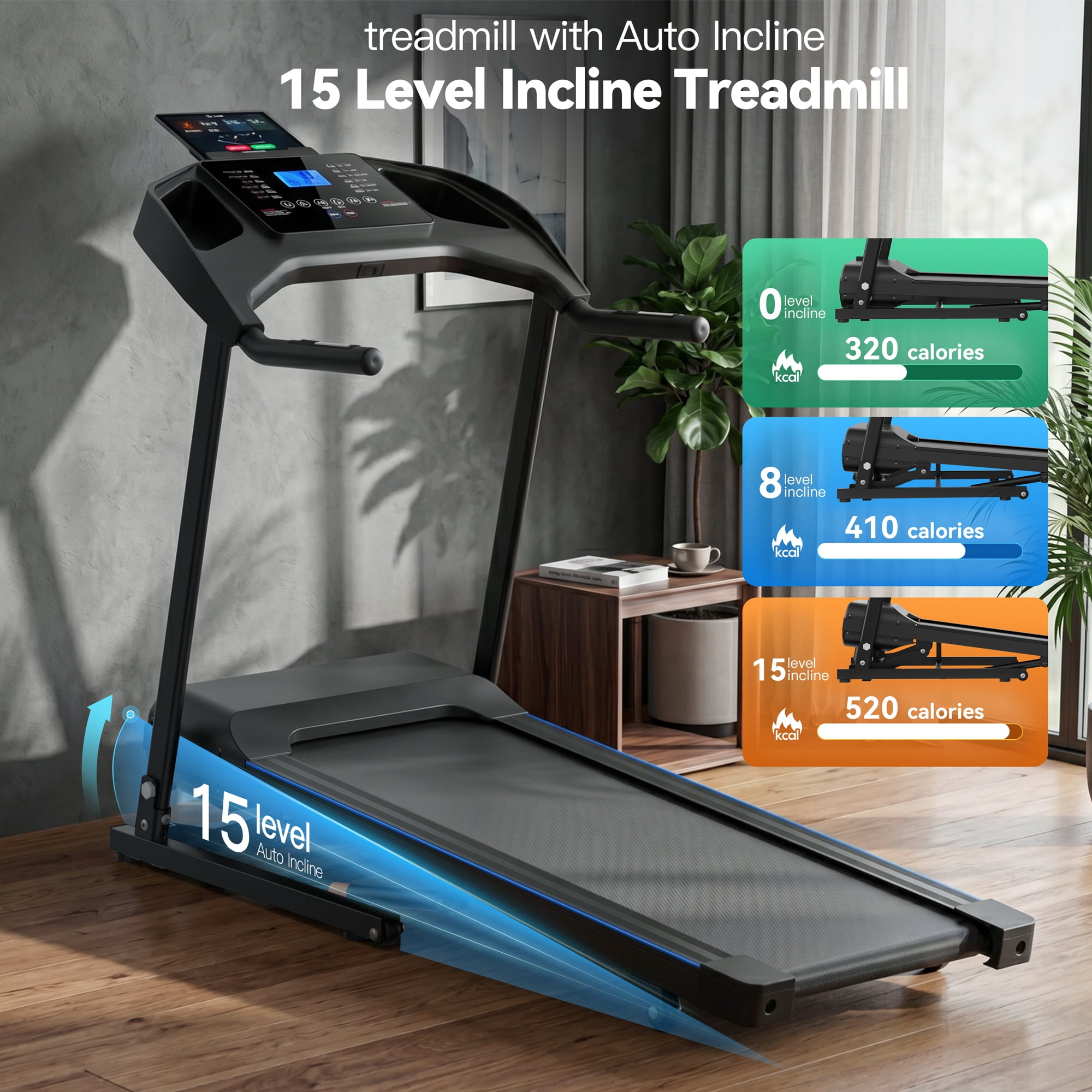 4.5HP Folding Treadmill for Home with 20% Auto Incline,400lbs Capacity,8.5MPH Portable Treadmill,12+3 Programs