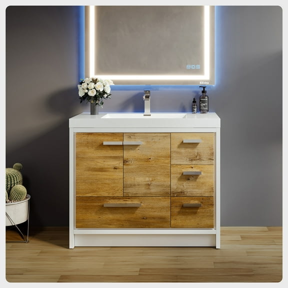 Eviva Grace 42 in. Natural Oak and White Bathroom Vanity with White Integrated Acrylic Countertop