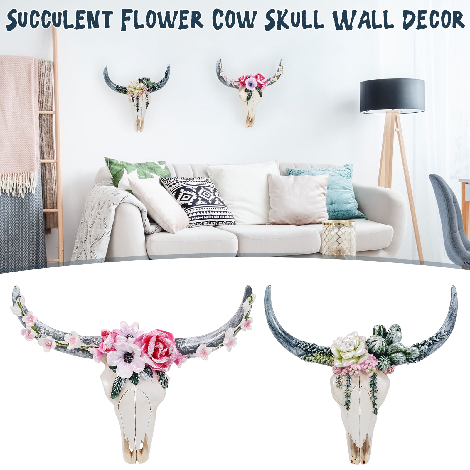 Karcher Succulent/Flower Cow Skull Wall Decor Nursery Decor Resin Ornament with Hanging Hole New