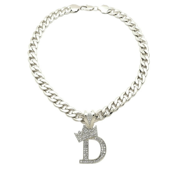 iJewelry2 Kings and Queens Crowned Initial Letter D Crystals Pendant Silver-tone Cuban Linked Chain Necklace