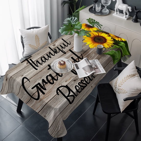 Sunflower Wooden Table Cloth Waterproof Tablecloths, Farmhouse Vintage Botanical Floral Tablecloth Dining Table Cover for Kitchen Party Tabletop Outdoor, Rectangle Tablecloth 54x108 Inch