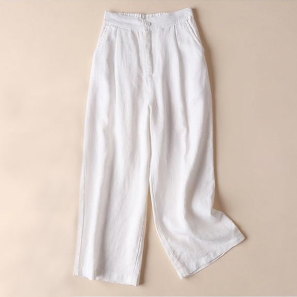 ICHUANYI Clearance Women's Solid Color Casual Feeling Of Falling Button Cotton And Linen Straight Barrel Ninth Pants(White, XXL) ICHUANYI WER2023081402390