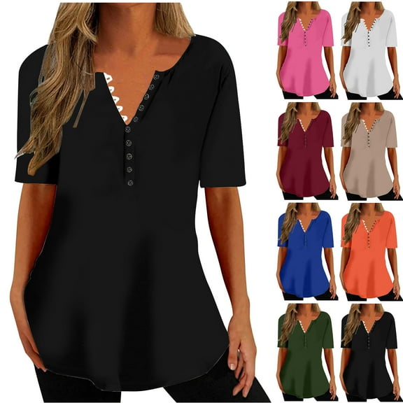 Fesfesfes Womens Shirts Women's Fashion Comfortable Casual Round Neck Color Button Blouse Womens Short Sleeve Tops XL(US:10)