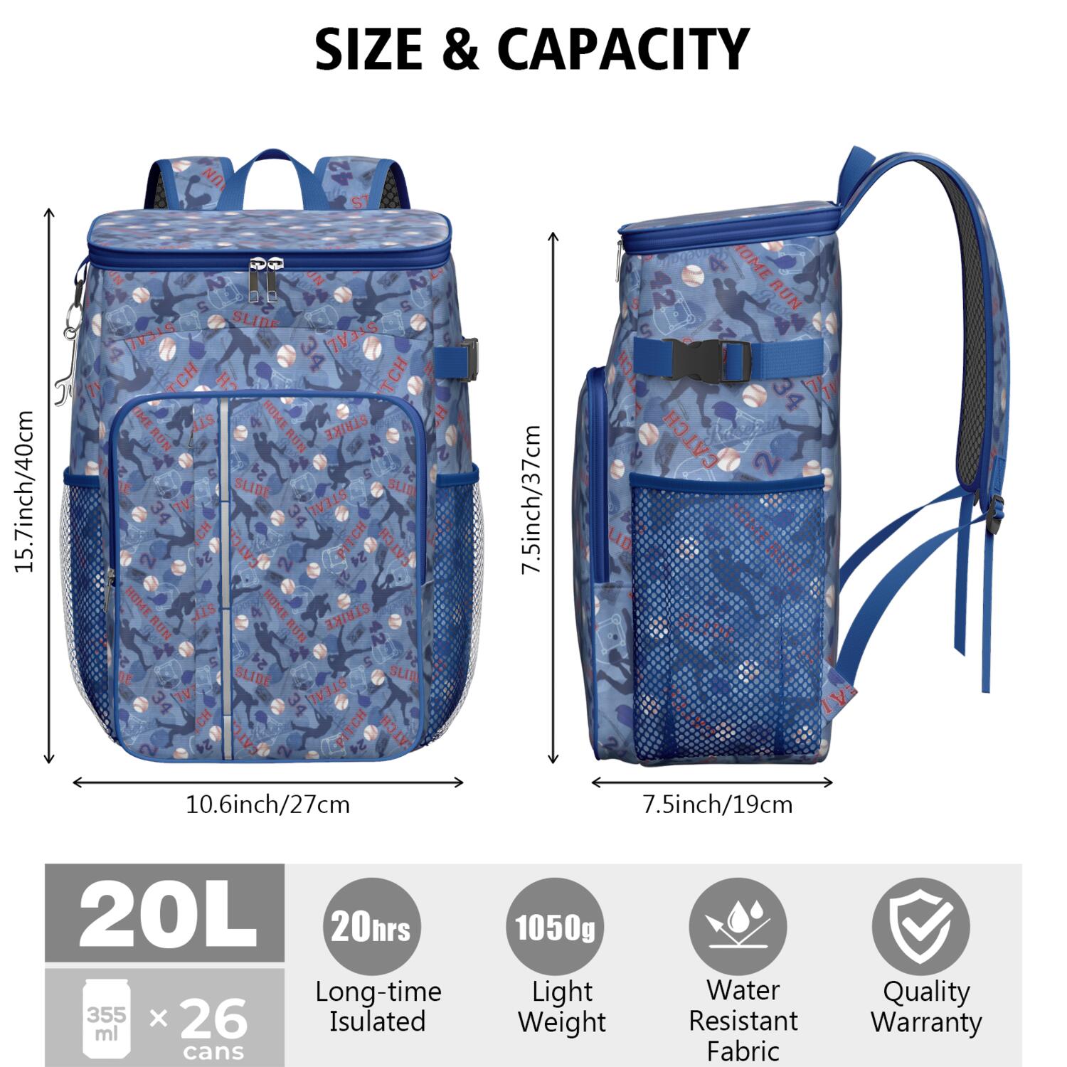 Travel Cooler Bag - Blue Baseball Silhouette Pattern Camping Beer Cooler Backpack with Bottle Opener- Waterproof Insulated Picnic Backpacks - Cooler Bag for Beach