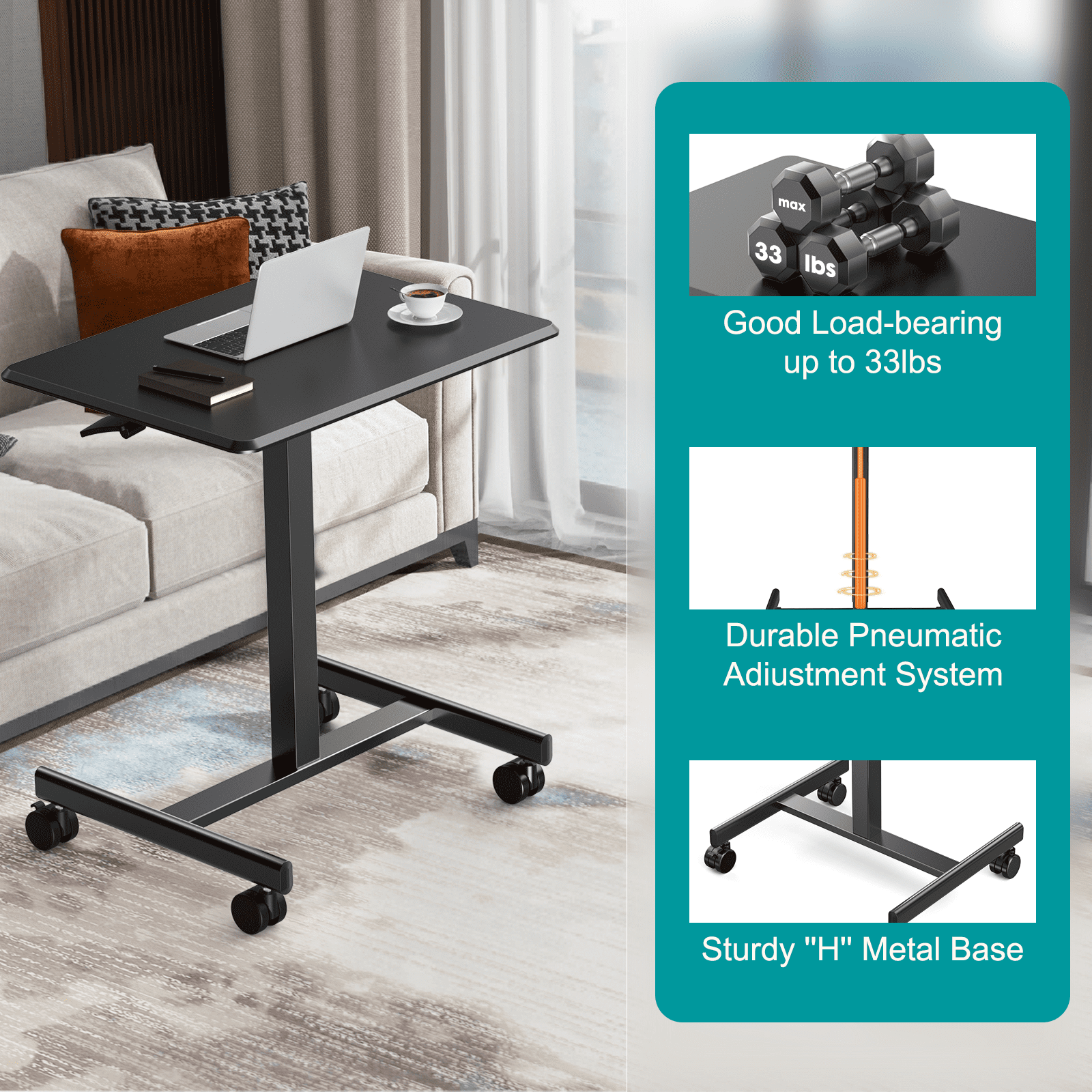 Aidoly Mobile Standing Desk with Locking Wheels - Height Adjustable Rolling Desk, Workstation for Home Office, Living Room & Classroom，Black