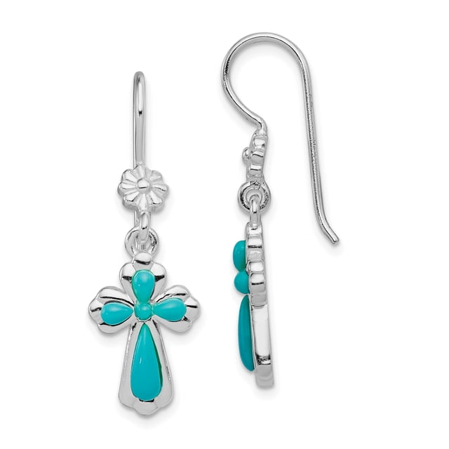 925 Sterling Silver Simulated Turquoise Cross Flower Drop Dangle Earrings Religious