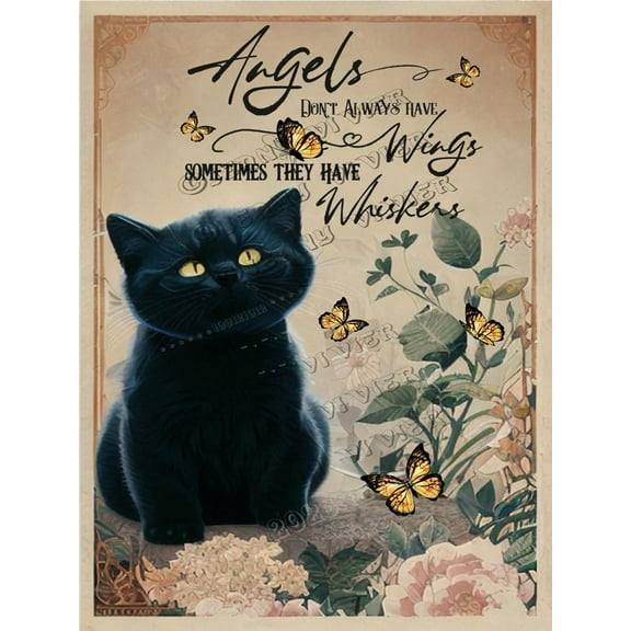 Angels Don’t Always Have Wings Black Cat Aluminum Sign 12x16 Inch Vintage Cat Sign Cat Wall Decor for Home Office Bedroom Bathroom Cafes Bar Cat Gifts