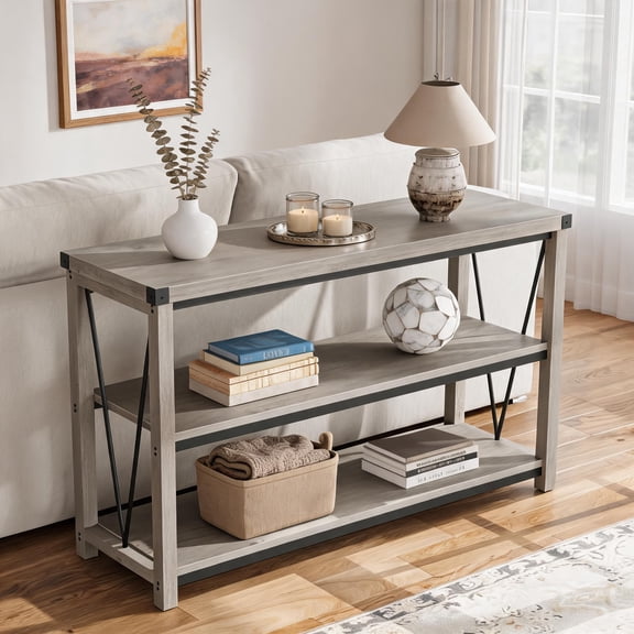 3-Tier Wood Storage Console Table, 47 Inch Narrow Sofa Entryway Table for Living Room, Hallway, Behind Couch