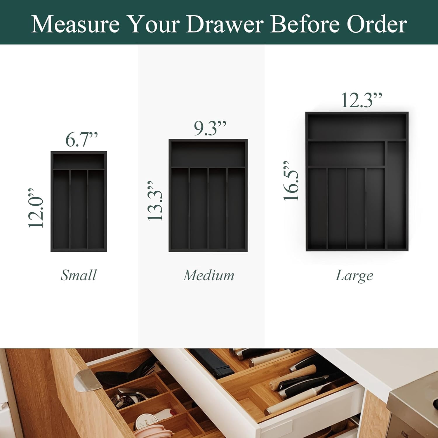 UniVerse Bamboo Silverware Organizer, Kitchen Drawer Organizer, Utensil Holder, Cutlery Tray & Spoon Flatware Storage with Grooved Drawer Dividers (5 Slots, Black)