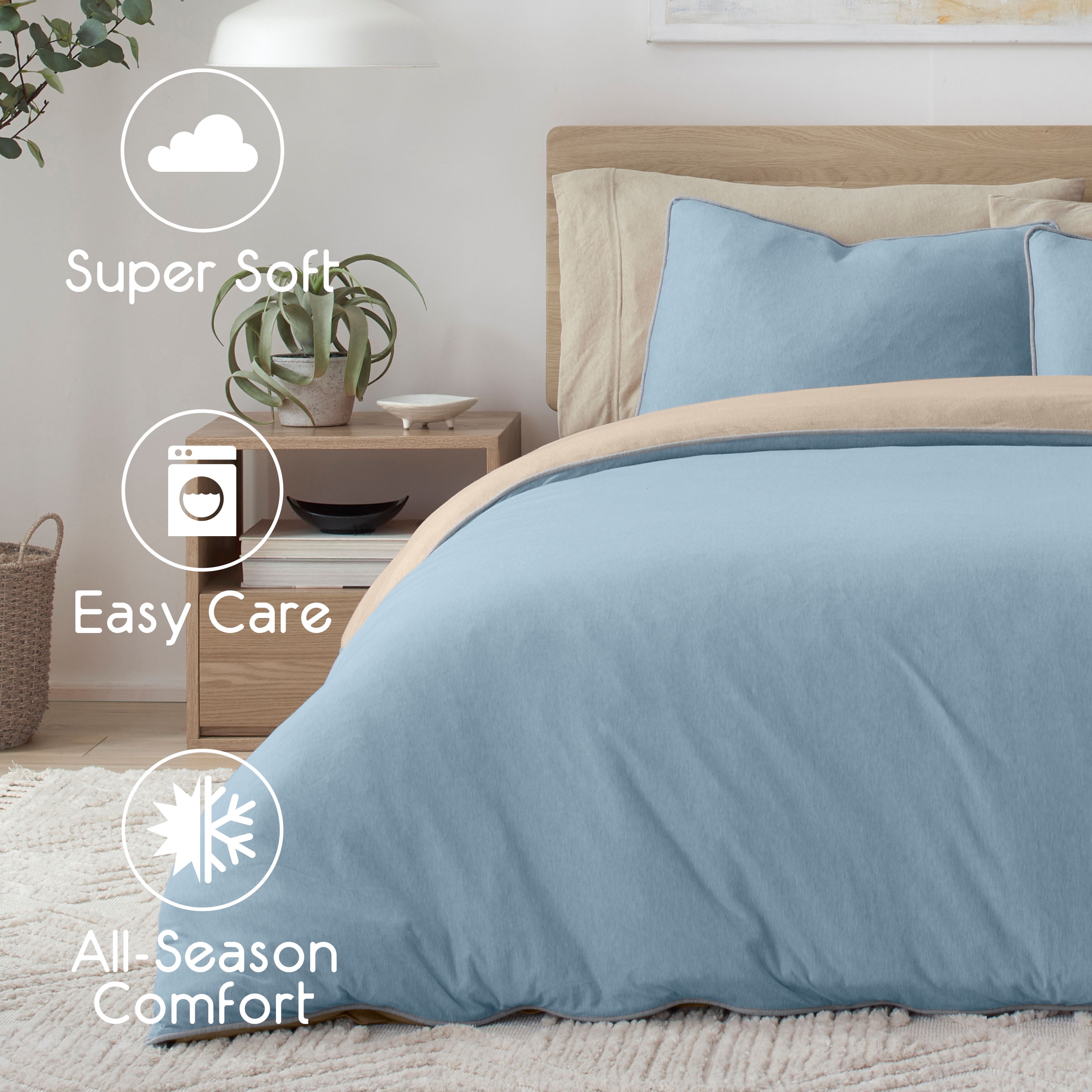 Vellux Jersey Knit 2-Piece Comforter Set, Cotton Blend, Twin, Blue/Taupe