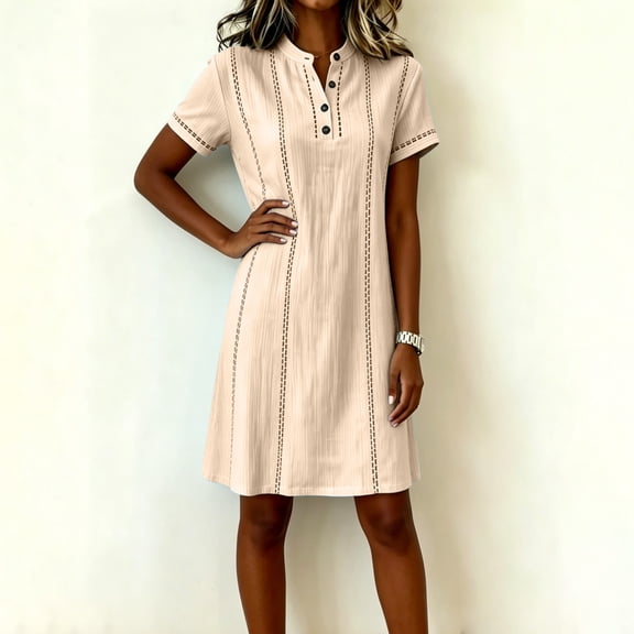 QUNYINEY Casual Summer Dresses for Women Short Sleeve Faux Cotton Linen Mini A Line Dress V Neck Loose Fit Solid Button Dresses