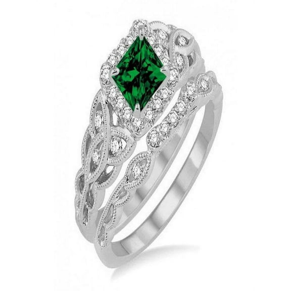 2.50 Carat Princess cut Emerald and Diamond Halo Bridal Ring Set in 14k White Gold affordable emerald & diamond engagement ring