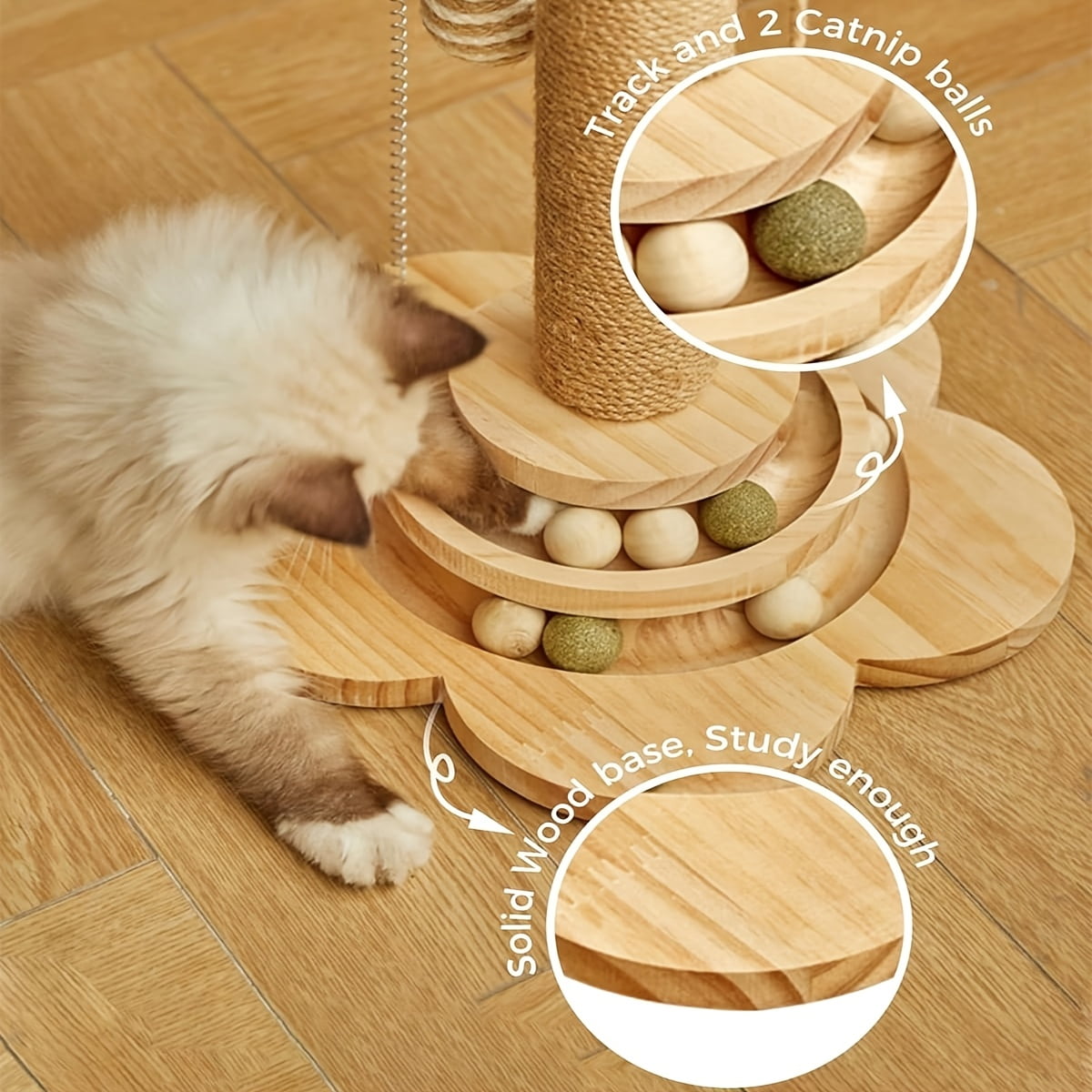 4-in-1 Indoor Cat Activity Center, Wooden Scratching Post 15.7" with Horizontal Ball Tracks, Feather Toy & Sisal Suspension Balls – Kitten & Adult Cat Toy