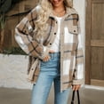 thumbnail image 4 of Baberdicy Women's Plaid Lapel Jacket, Casual Contrast Color Fleece Lined Fall Winter Coat , Plaid Fleece Shacket, Corduroy-Collar Jacket, Fall Flannel Coat Beige L, 4 of 5