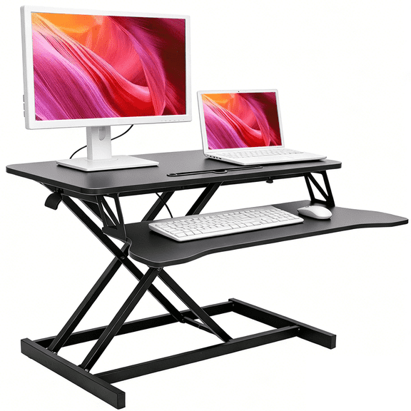 32" Standing Desk Converter with Removeable Keyboard Tray, Height Adjustable Stand Up Desk Riser, Sit to Stand Desk Risers for Dual Monitor and Laptop, 44LBS Weight Capacity, Black