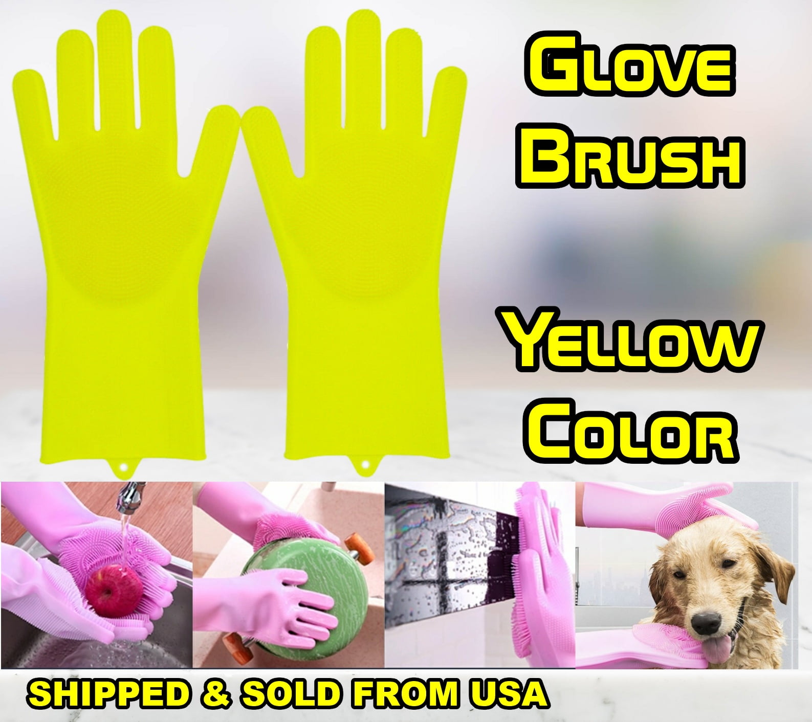 Glove Brush Dish Washing Silicone Rubber Scrubber CleaningYellow