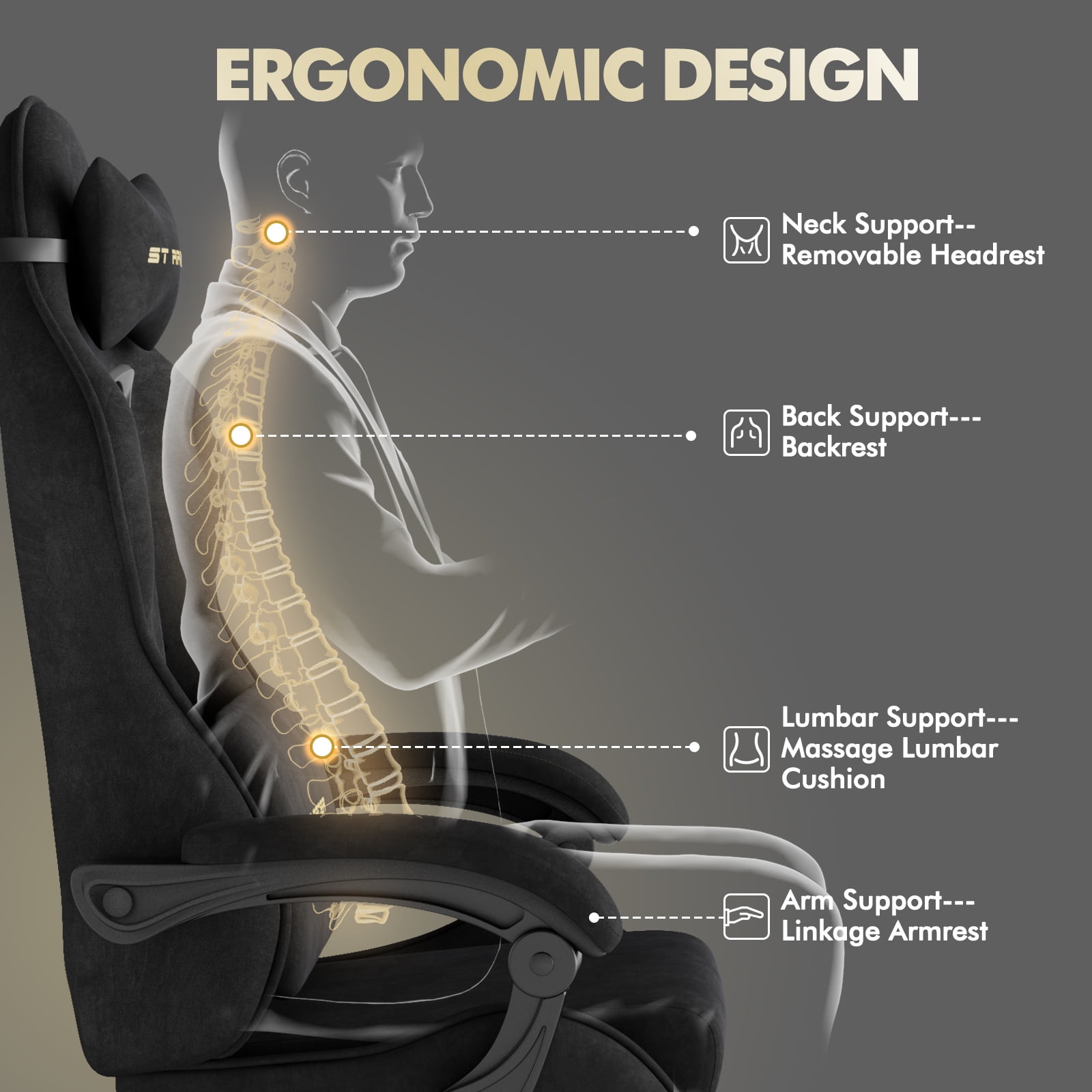 SOONTRANS Velvet Fabric Gaming Chair, High Back Ergonomic Office Game Chair for Adult, Video Gamer Chair with Footrest, Racing Reclining Office Computer Desk Chairs with Massage Lumbar, Black