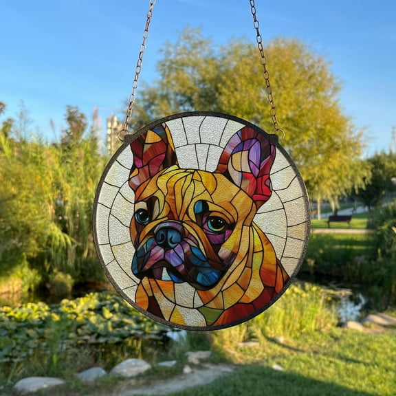 French Bulldog Painted Stained Glass Suncatcher, Dog Window Hanging Decor, Outdoor Sun Catcher Decor, Dog Lover Gift, Bulldog Home Decor