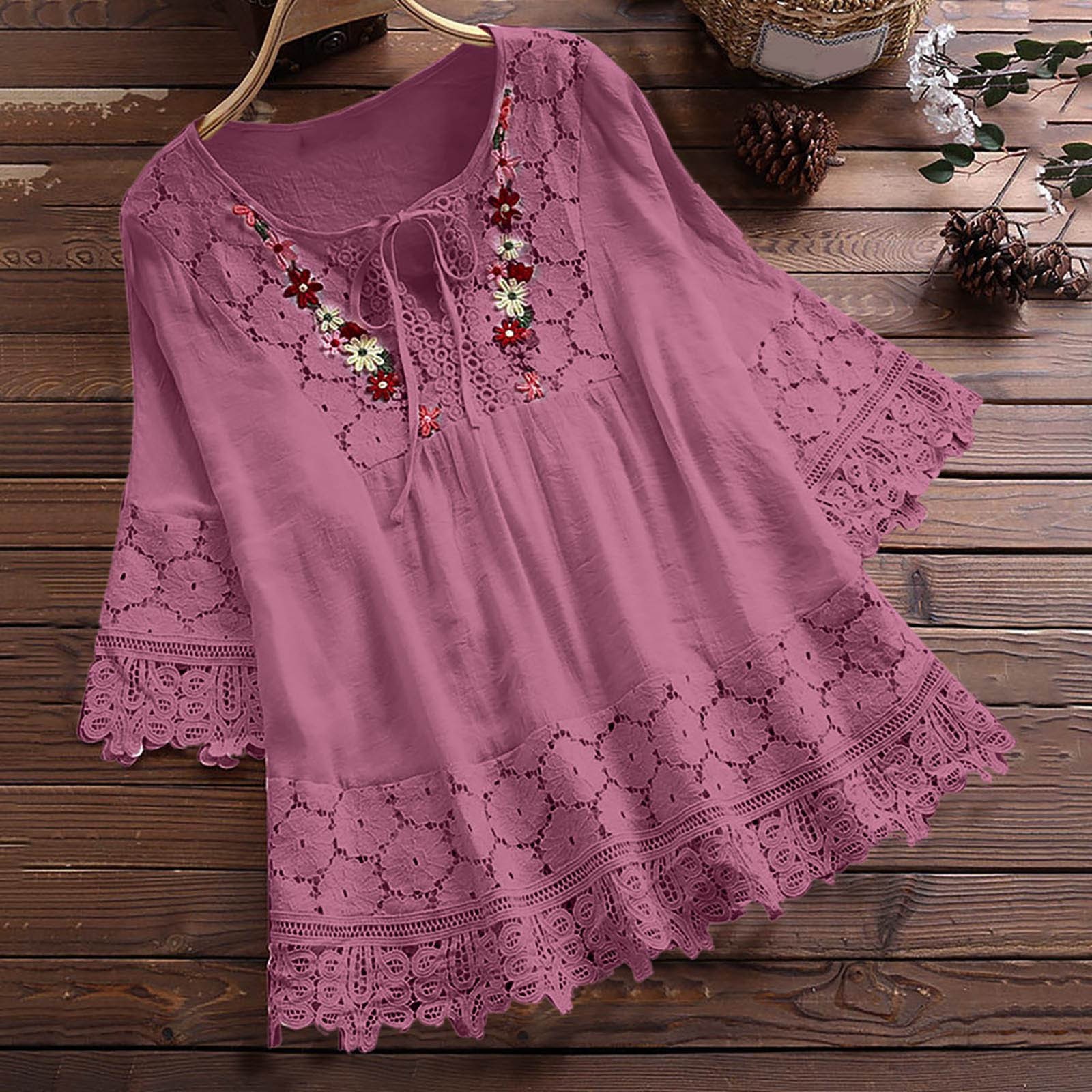 Baycosin Women Vintage Lace Patchwork Bow V Neck Three Quarter Blouses Top T Shirt 0516