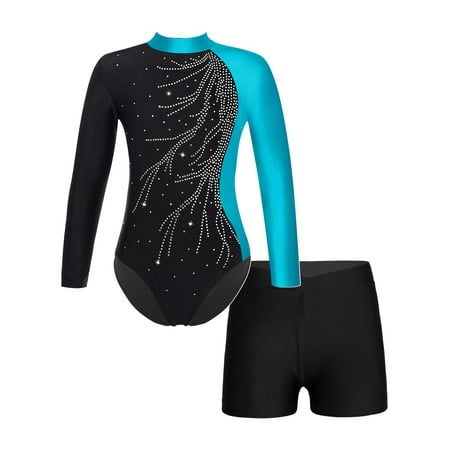 renvena Kids Girls Rhinestone Long Sleeve Gymnastic Leotard Ballet Dance Bodysuit with Shorts Lake Blue 10