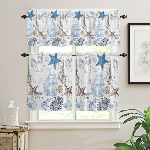 Coastal Starfish Curtain Valance and Tiers Set,Ocean Beach 3 Piece Kitchen Curtain Set,Nautical Anchor Rod Pocket Tier Curtains Valance Set,Underwater World Blue Window Treatment for Bedroom Bathroom