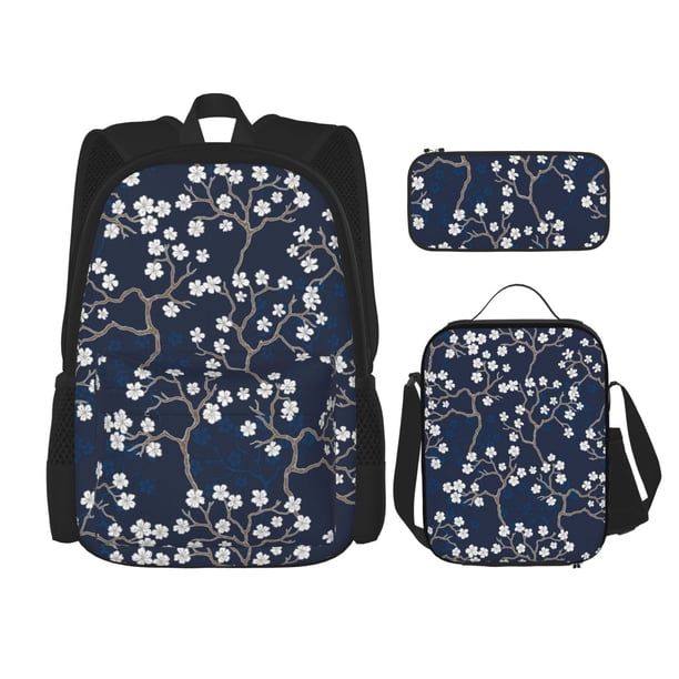 Disketp Cherry Blossoms on Navy Background Mochila Estampada de Gran Capacidad con Lonchera y Estuche, Set de 3 Piezas para Estudiantes
