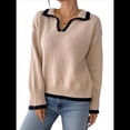 thumbnail image 3 of Suéter Básico con Cuello Alto en V para Mujer, Diseño de Bloques de Color, Moda Invierno Otoño 2025. Caqui XL, 3 of 10