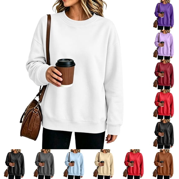 Nestiefly Oversized Crewneck Sweatshirt Women Fleece Long Sleeve No Hood Pullover Fall Casual Sweat Shirts White M