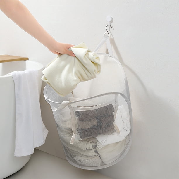 Cesta plegable de la ropa sucia con malla Cesta de ropa sucia | Tela de poliéster transpirable, almacenamiento colgante montado en la pared, 52,5x40x30cm | Opciones rosas, blancas, beige