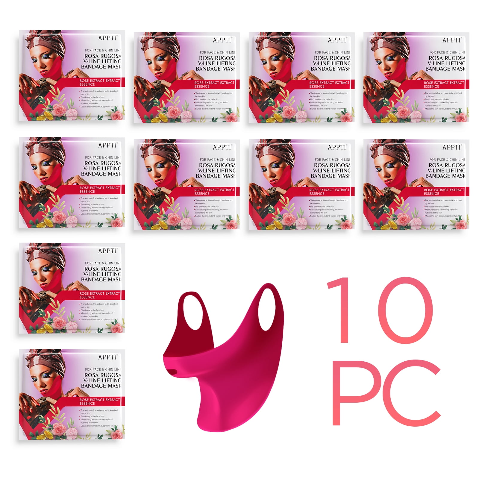 APPTI Rosa Rugosa V-Line Lifting Bandage Mask 10-Piece Set – Soothing Floral Contouring & Lifting Facial Mask for a Firmer, Defined Jawline with Calming Skin Care Benefits