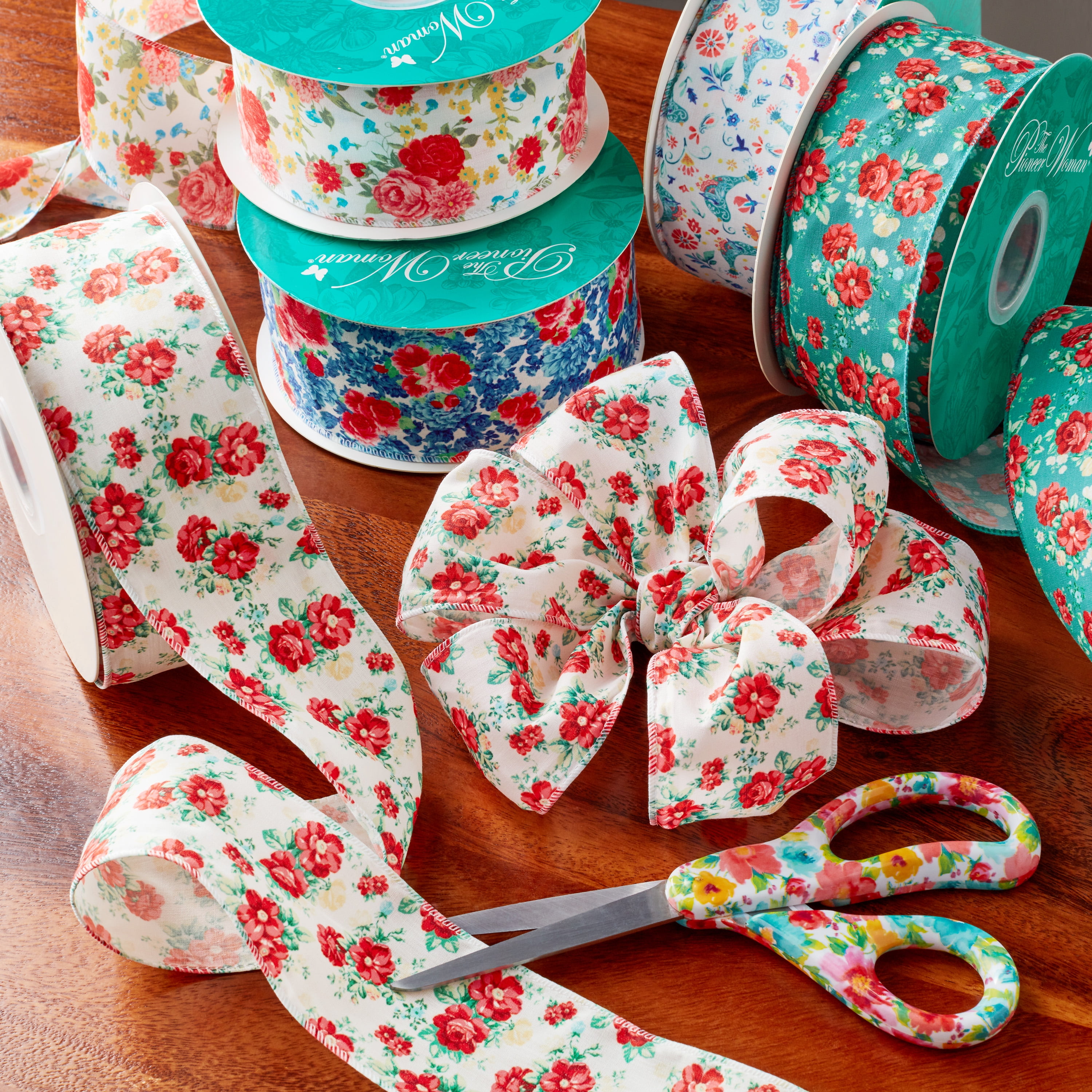 The Pioneer Woman Mazie Bird Polyester Merrow Wire Edge Ribbon, 2.5" x 25 Yards