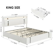 Homfa King Size LED Bed Frame with 2 Storage Drawers & USB Ports, Modern Leather Upholstered Platform Bed Frame with Adjustable Headboard, No Box Spring Needed, White