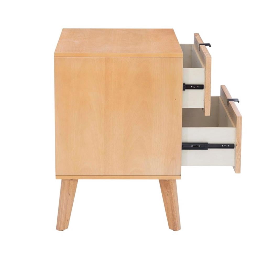 Linon Winnie Rubberwood Nightstand 2 Drawers Cane Front Panels in Natural Finish